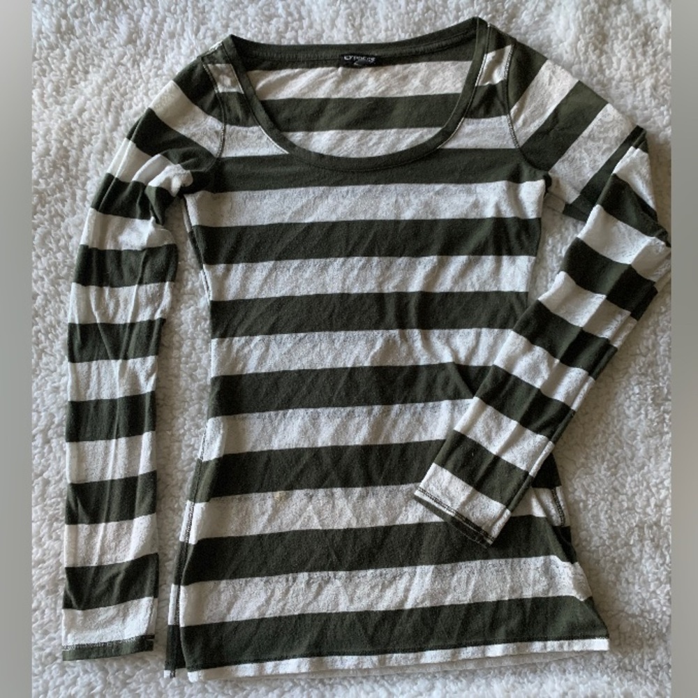 Green & White Striped Long Sleeve Top